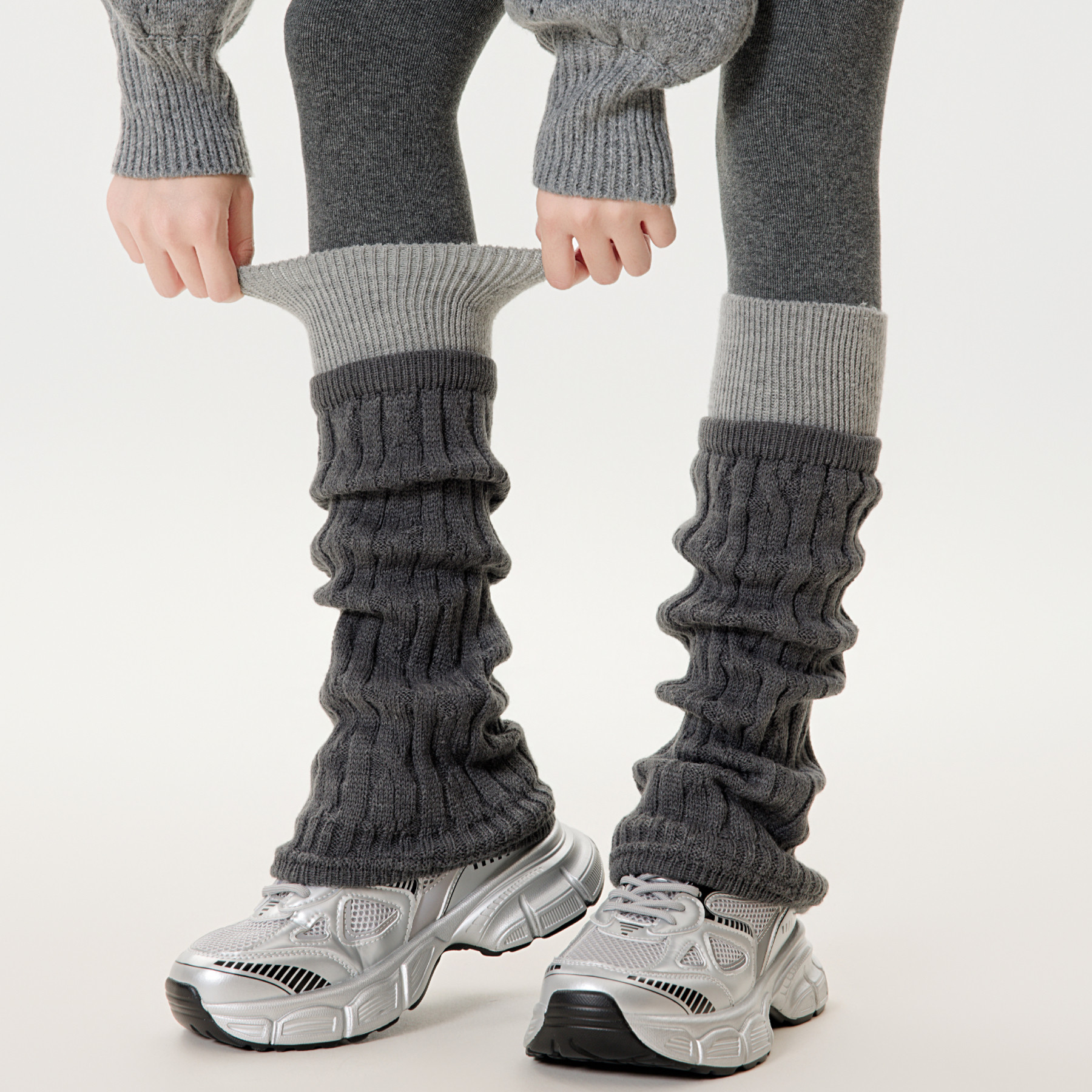 灰色麻花纹撞色堆堆袜针织袜套女秋冬季羊毛保暖小腿腿套拼色加厚