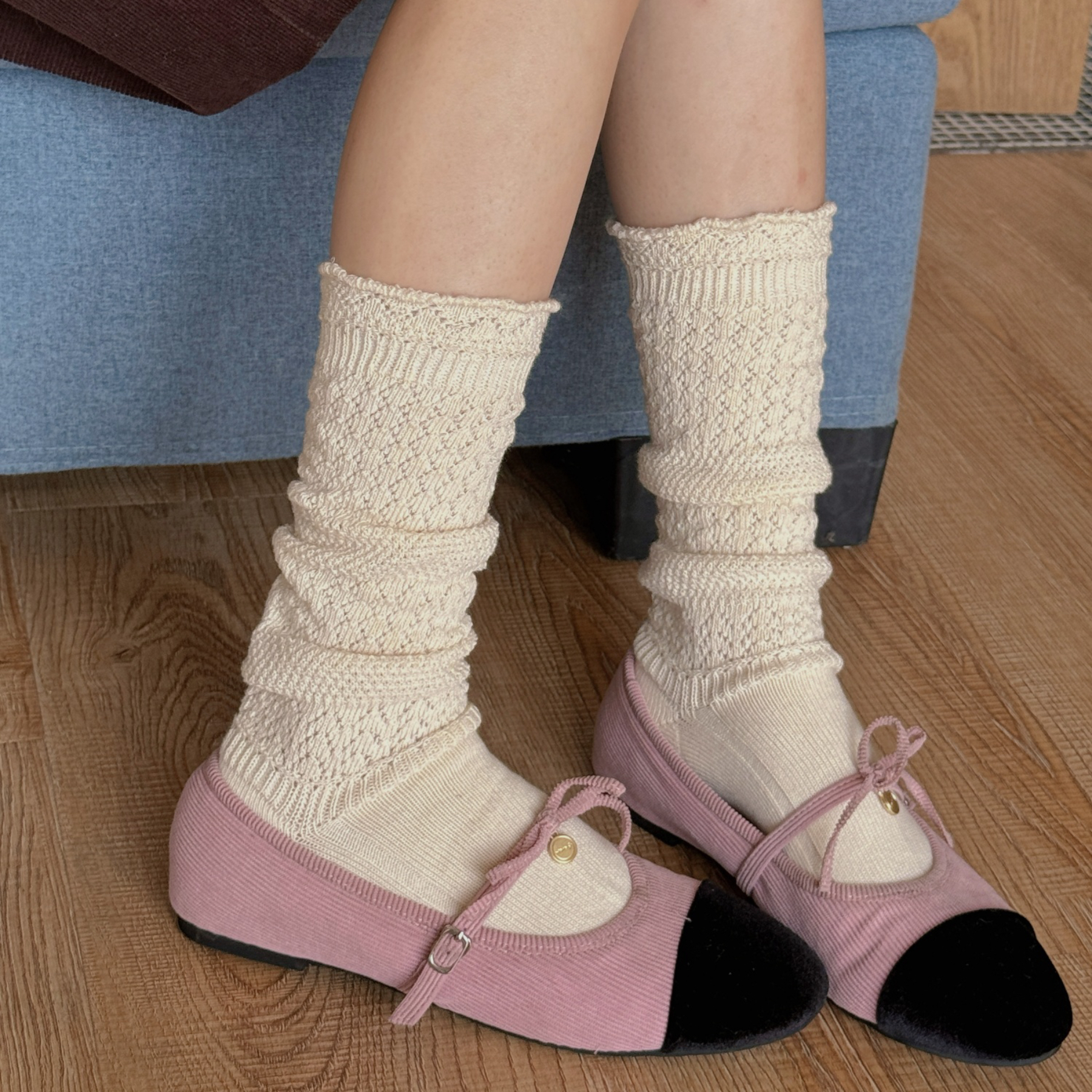 miu米色复古针织小腿袜春秋白色镂空毛线堆堆袜子芭蕾风中筒潮袜