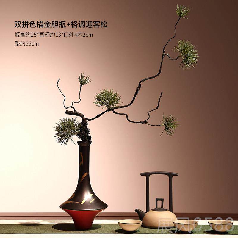 高档客松针彷室真绿色植物枯藤树枝盆景崖柏陶瓷花瓶装套禅意茶花