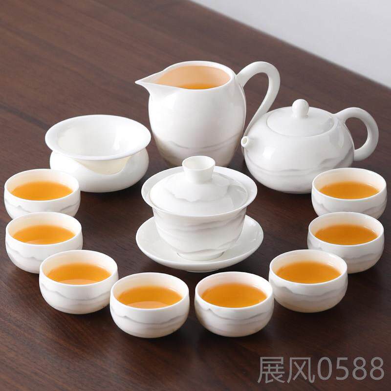 高档羊脂白玉瓷具功夫茶套组瓷家用办档公泡茶盖碗陶瓷茶杯高喝茶