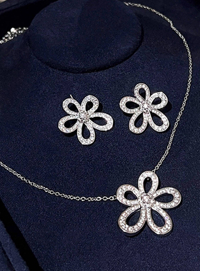 满钻大花朵项链银色花瓣耳环