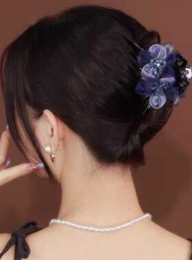 2025新款高端鲨鱼夹子复古繁花蓝色花朵抓夹女精致气质发夹头饰