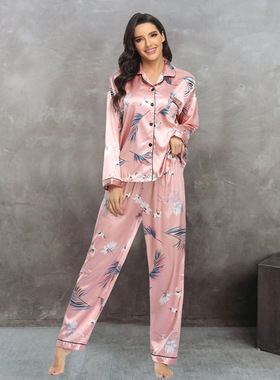 women's two piece stretch satin loungewear pajamas家居服睡衣
