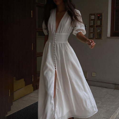 Solid color V-neck mid sleeve slit dress 纯色V领开叉连衣裙女