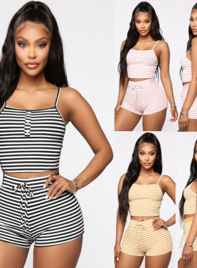 Sleeveless Stripe Crop Top Shorts Set Night Wear Homewear