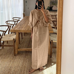 neck long 长裙套装 color 女 纯色圆领开衫 round set Solid skirt