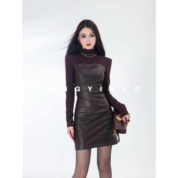 时尚 MD依诺 2025气质长袖 休闲百搭打底修身 艺术灵光 拼接连衣裙