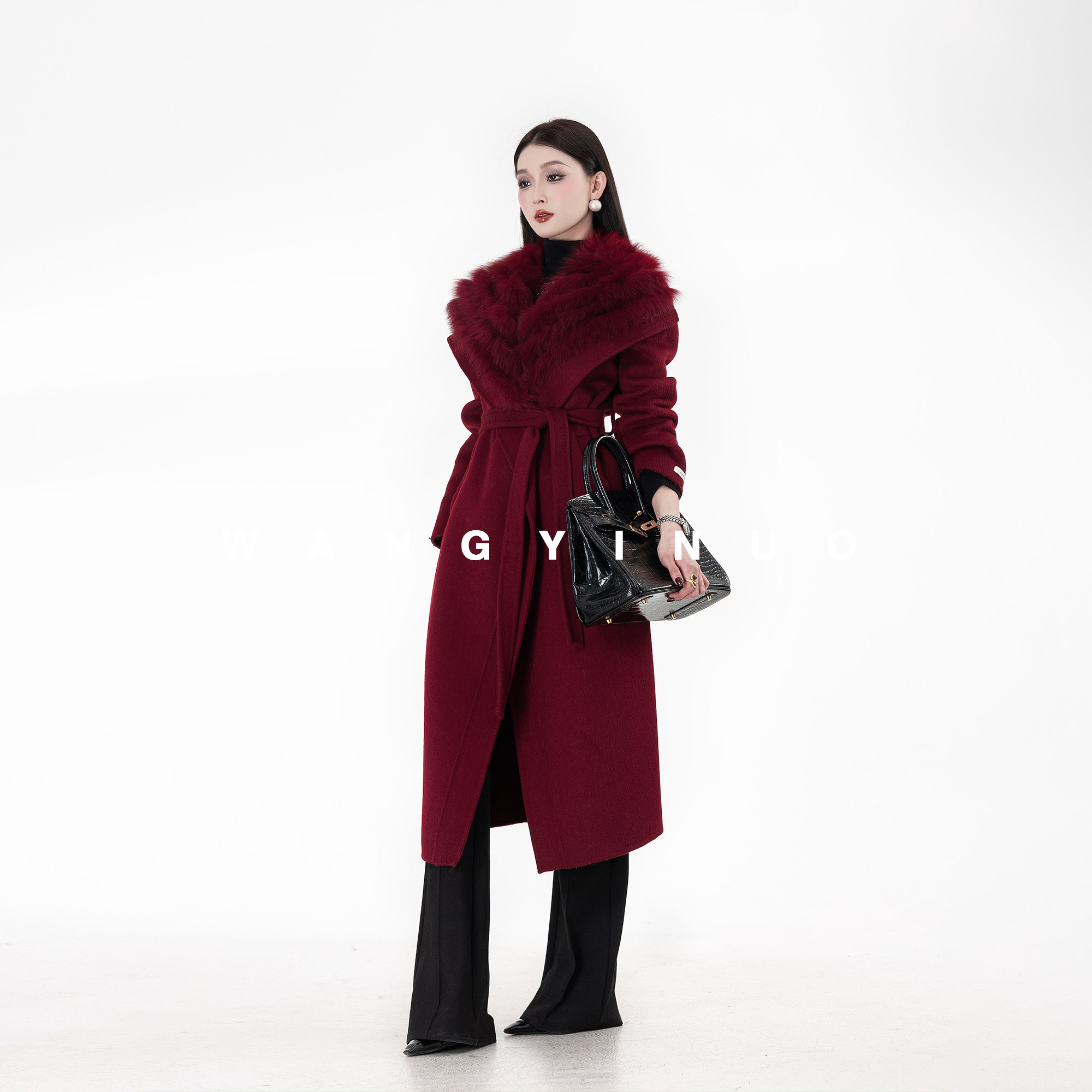 MD依诺【娇贵女主】2025冬季款休闲时尚百搭系带气质羊毛大衣外套