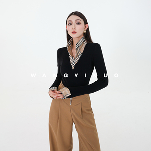 MD依诺复古棕色polo格纹翻领上衣女款秋季个子气质时尚显瘦打底衫