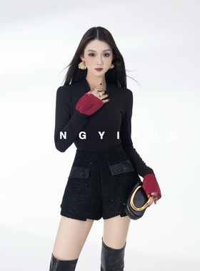 MD依诺【织月沉纱】2025秋冬修身显瘦时尚撞色设计感V领拼接上衣