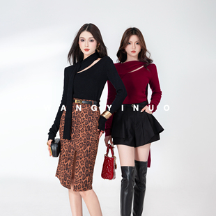 MD依诺【里约艺术】2025秋季显瘦气质百搭修身拼接名媛飘带针织衫