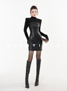 MD依诺【艺术灵光】2025冬款气质磨毛时尚拼接百搭打底修身连衣裙