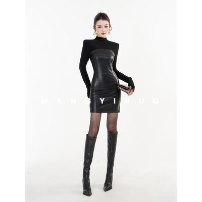 MD依诺【艺术灵光】2025冬款气质磨毛时尚拼接百搭打底修身连衣裙