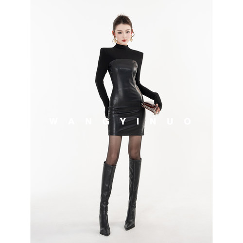 MD依诺【艺术灵光】2025冬款气质磨毛时尚拼接百搭打底修身连衣裙