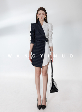 MD依诺【散漫慵懒】2025秋款百搭甜美轻奢时尚白色拼接修身连衣裙