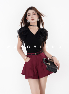 MD依诺【朦胧天鹅】2025夏季设计感气质法式百搭黑色显瘦上衣