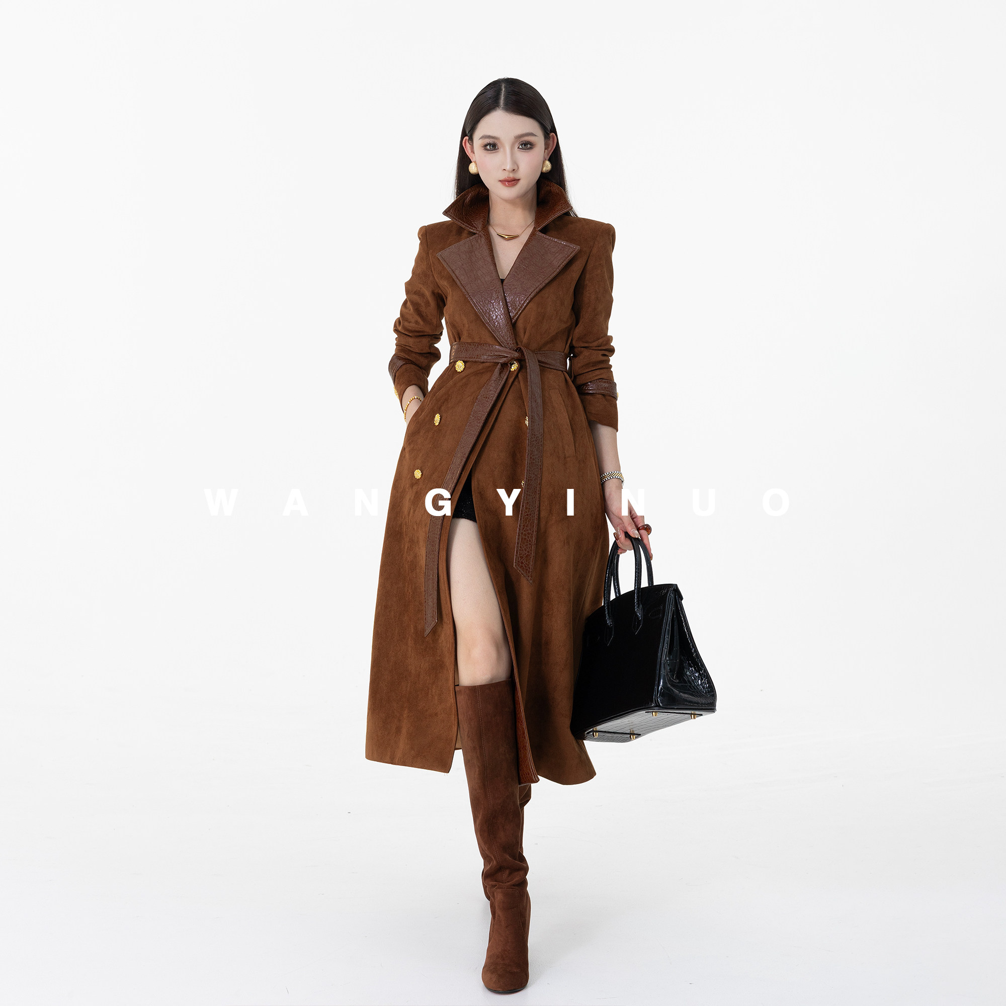 MD依诺美拉德复古撞色长款时尚皮外套女设计师气质正肩金扣皮衣女