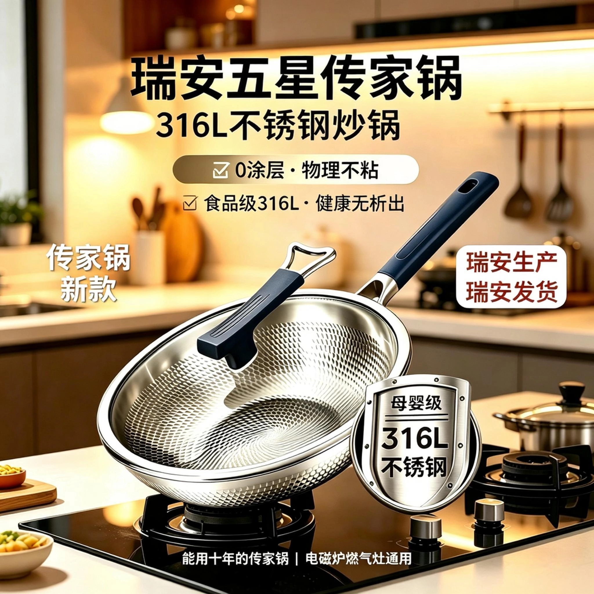 瑞安传家锅官方新款升级版316L不锈钢无涂层锤纹复合炒锅