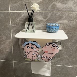 蜡笔小新卫生间透明纸巾盒厕所洗手间卷纸架抽纸盒壁挂免打孔防水
