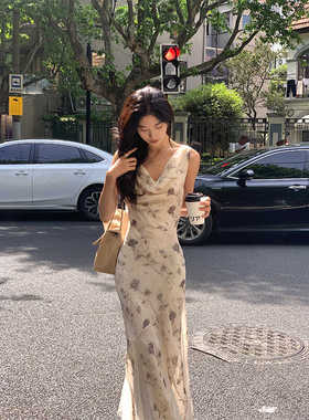 Norain不下雨 【5折清仓】气质碎花荡领鱼尾连衣裙女收腰显瘦长裙