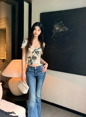 Norain不下雨夏季蓝色美式复古高腰修身水洗做旧微喇牛仔裤裤子女