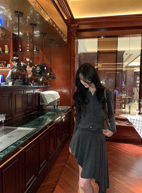 Norain不下雨灰色长袖针织开衫上衣不规则高腰半裙套装女冬两件套