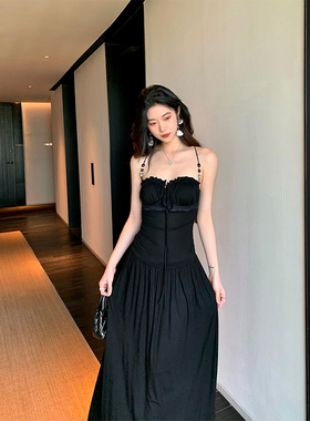 Norain不下雨 黑色蕾丝串珠花边收腰长款吊带连衣裙女夏度假裙