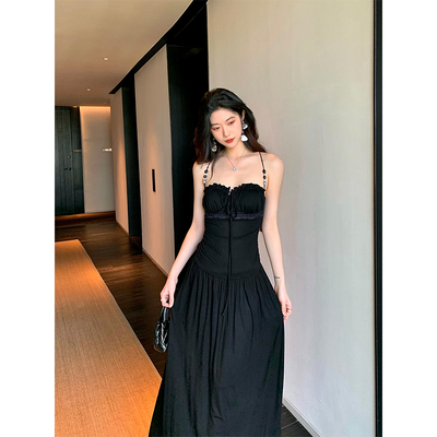 Norain不下雨 黑色蕾丝串珠花边收腰长款吊带连衣裙女夏度假裙