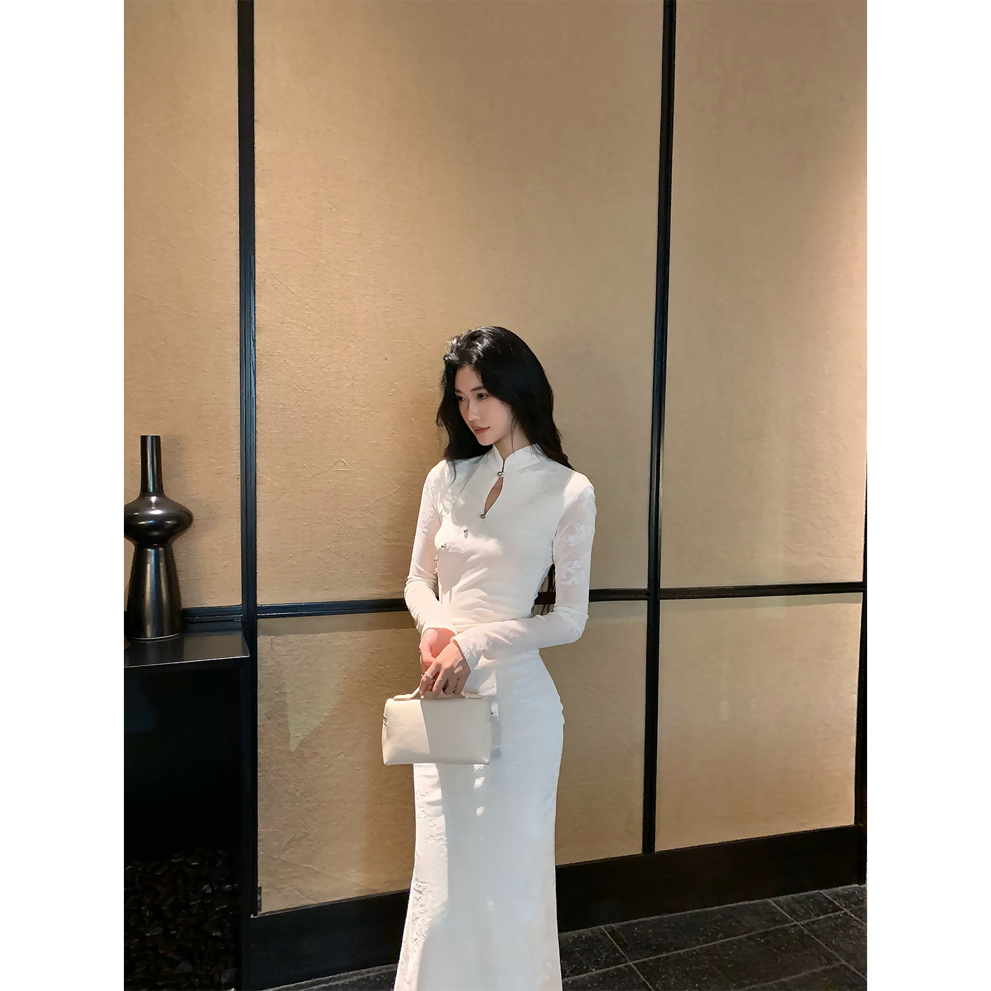 Norain不下雨 白色新中式连衣裙女秋丝绒提花收腰修身长袖旗袍裙