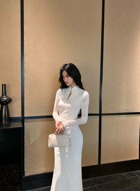 Norain不下雨 白色新中式连衣裙女秋丝绒提花收腰修身长袖旗袍裙