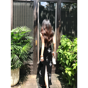 黑色度假修身 改良丝绒连衣裙女冬季 旗袍礼服 新中式 Norain不下雨