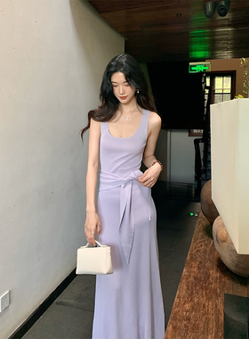 Norain不下雨 莫奈紫方领收腰吊带连衣裙女夏季气质修身度假长裙