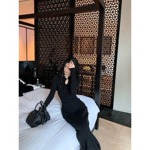 修身 Norain不下雨黑色修身 新款 针织连衣裙女冬季 长裙 收腰包臀长袖