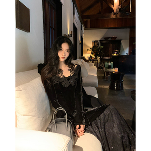 长裙礼服 收腰修身 Norain不下雨 黑色蕾丝拼接丝绒连衣裙女冬法式