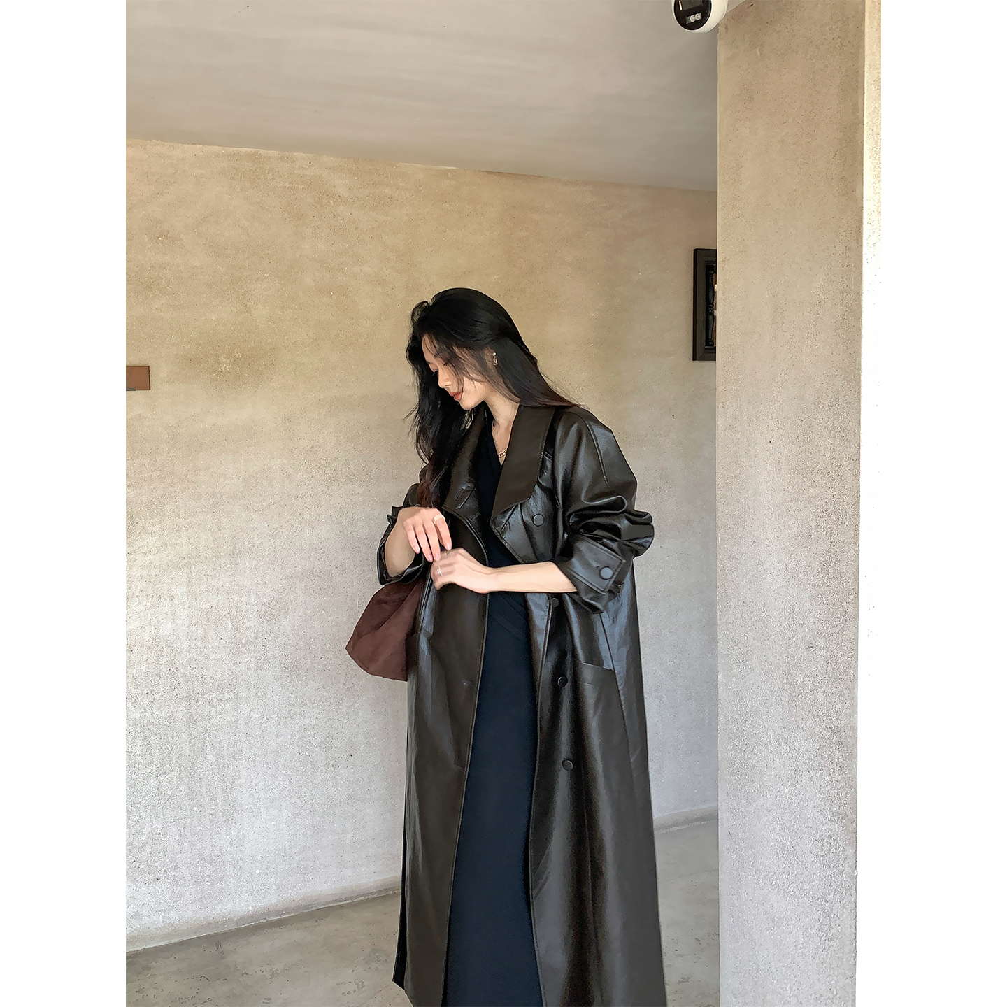 Norain不下雨 高级感立领长款翻领PU皮大衣女士秋冬复古风衣外套