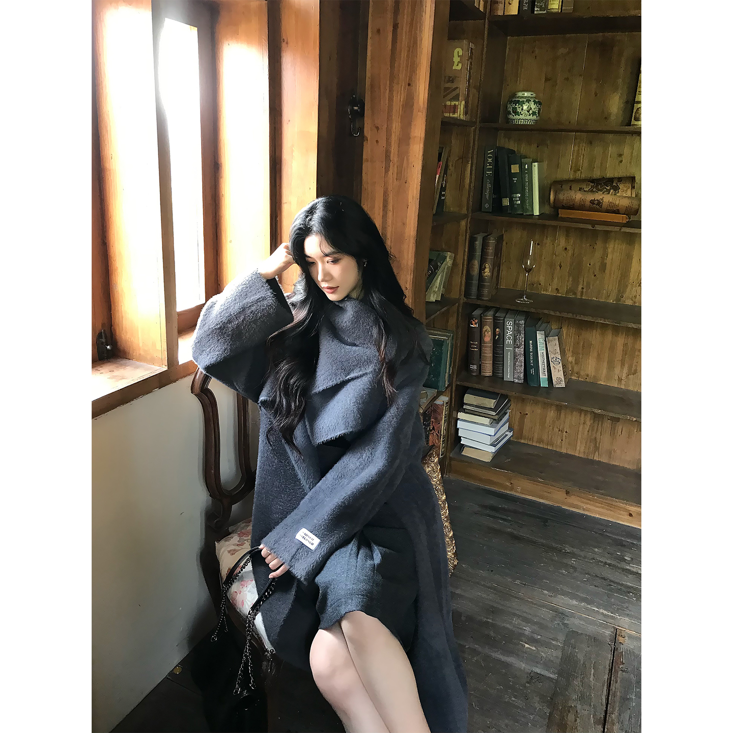 Norain不下雨 水貂绒围巾领系带收腰毛呢外套女秋冬宽松长袖大衣