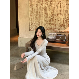 连衣裙女秋冬内搭裙v领收腰针织长裙 修身 Norain不下雨 燕麦色长袖