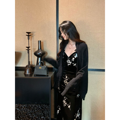 Norain不下雨 黑色不规则修身外搭开衫女春季韩系长袖针织上衣
