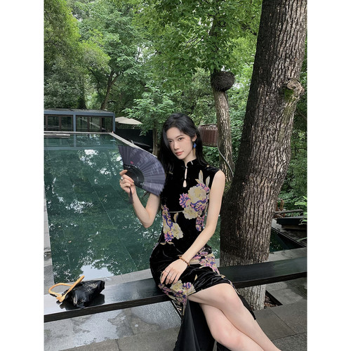 新中式印花无袖旗袍连衣裙