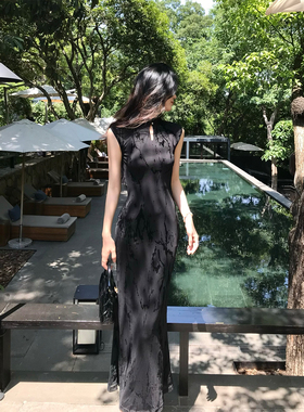 Norain不下雨秋冬黑色高级感改良新中式收腰旗袍女连衣裙长裙礼服