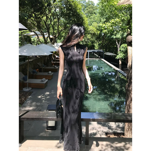 Norain不下雨早春高级感改良新中式绝美黑色旗袍女收腰连衣裙长裙