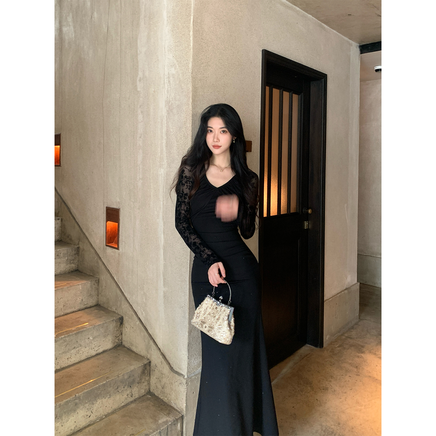 Norain不下雨 黑色植绒印花长袖连衣裙女秋冬内搭修身收腰长裙