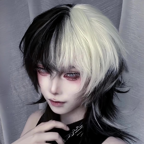 万圣节阴阳头假发黑白撞色鲻鱼头