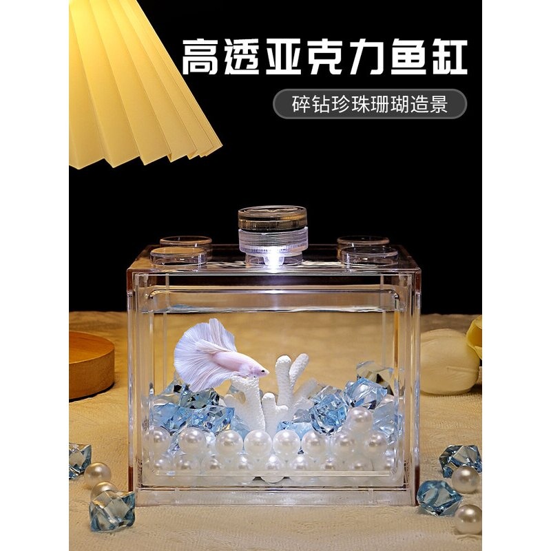 泰国斗鱼缸小型客厅观赏鱼缸带灯餐桌创意造景桌面缸亚克力积木盒