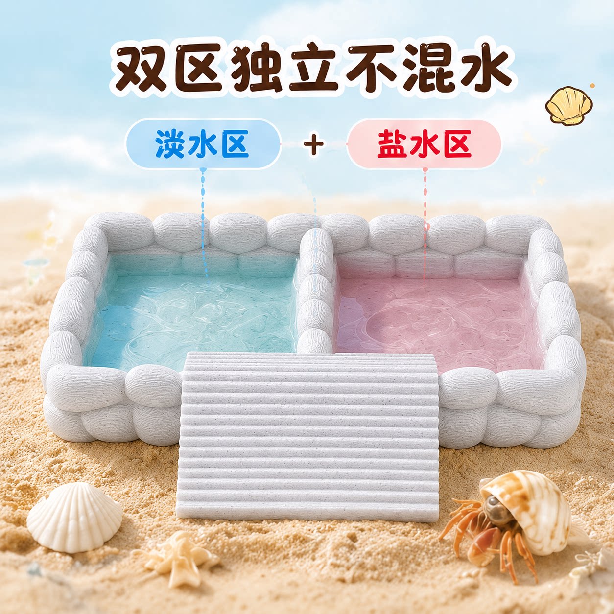 寄居蟹双用饮水泡澡盆 3D打印仿石造景水盆 淡水盐水分区宠物用品