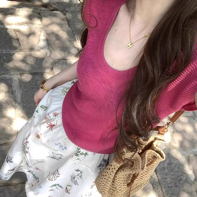 玫粉色u领短袖女冰丝针织t恤夏季