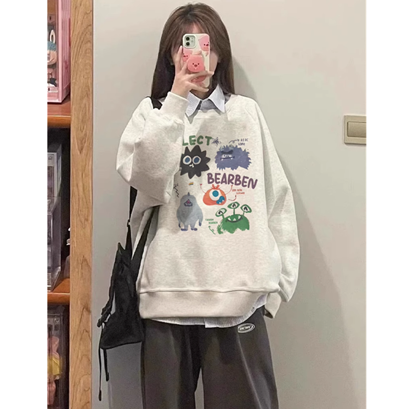 美式复古无帽圆领卫衣女春秋季小个子宽松韩系上衣慵懒风薄款外套,女装/女士精品,卫衣/绒衫,淘宝优惠券,粉丝福利购,淘宝优惠卷