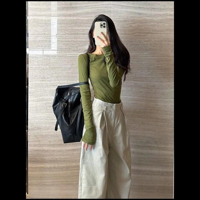 法式别致绿色正肩针织长袖t恤女