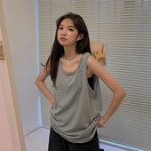 纯棉港风吊带运动坎肩背心无袖 t恤女夏季 设计感小众外穿挂脖上衣