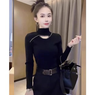 镂空钉珠针织毛衣女2025早秋季韩系修身显瘦高级感内搭打底衫上衣